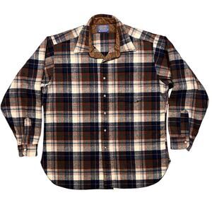 Pendleton Brown Blue Cream Plaid 100% Wool USA Flannel Button Shirt Mens Size XL